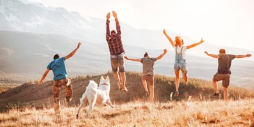 happy group of divorced friends on a mountain