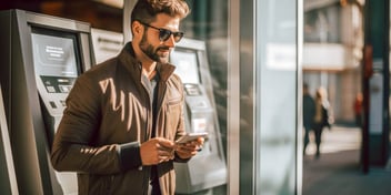 man standing by an ATM