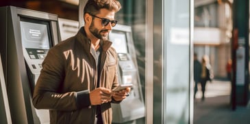 man standing by an ATM