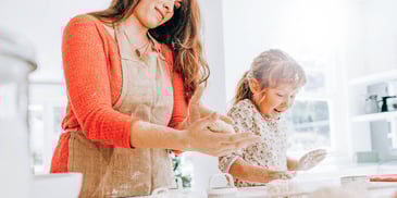single mom and daughter baking before thanksgiving